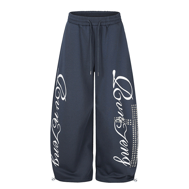 Women's Palazzo Sweatpants in Culotte Style with High Waist, Drawstring, Text Print and Rhinestone Trim Chichicherry