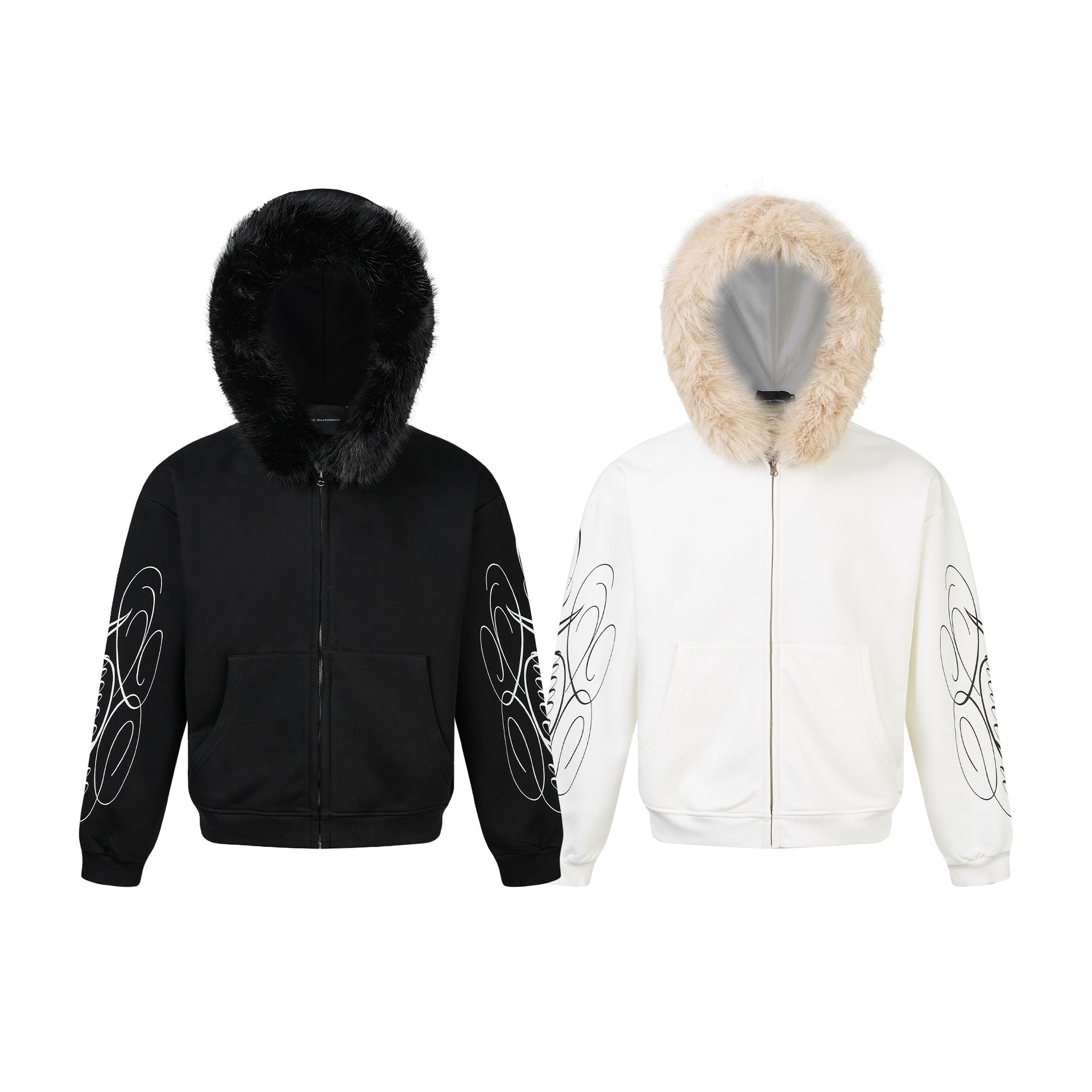 Unisex Oversize Hoodie Jacket made of cotton blend with removable faux fur trim and graphic sleeve prints Chichicherry