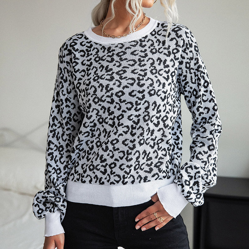 Women's light structured knitted sweater with leopard jacquard and ribbed round neckline Chichicherry