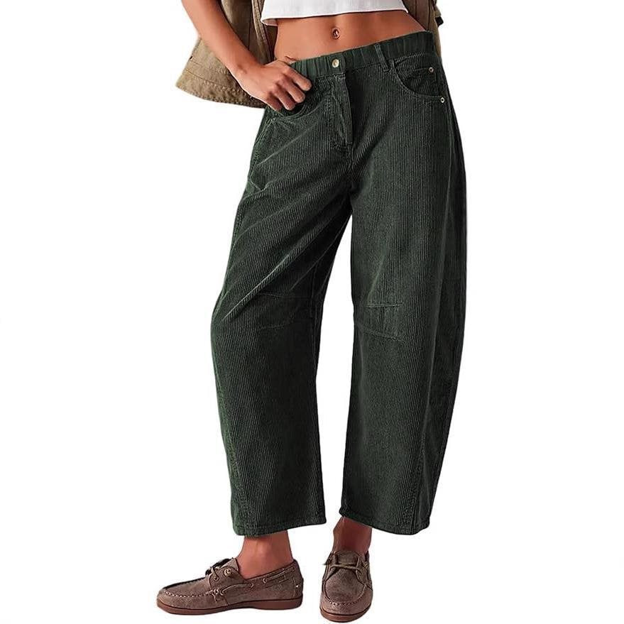 Women Wide Cord Pants with High Waist, Cropped Leg and Side Pockets Chichicherry