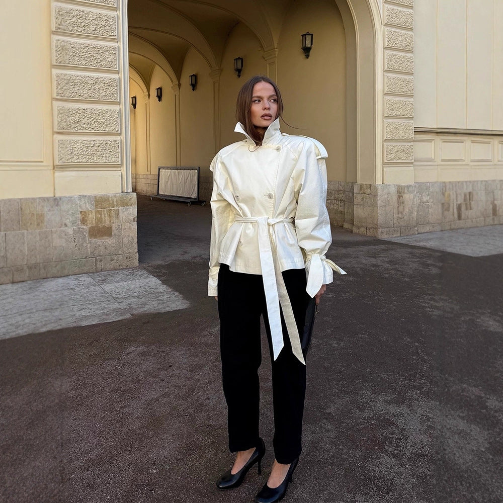 Women’s cropped double-breasted trench coat with waist belt, voluminous sleeves, and knot cuffs Chichicherry