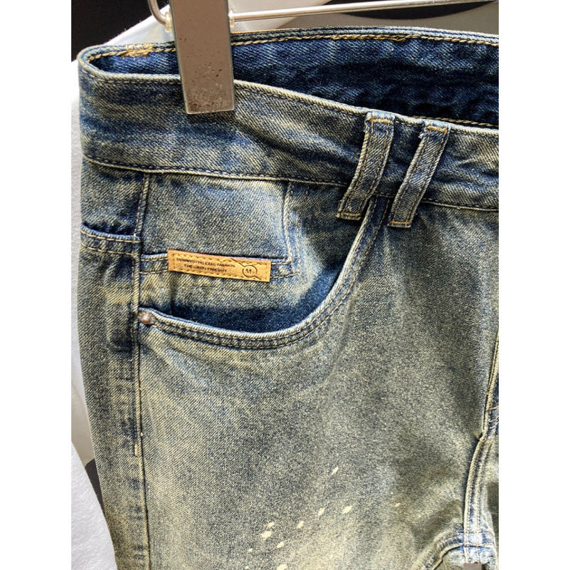 Herren Relaxed-Tapered Vintage-Jeans mit Paint‑Splatter, hohem Bund und umgeschlagenem Saum Chichicherry