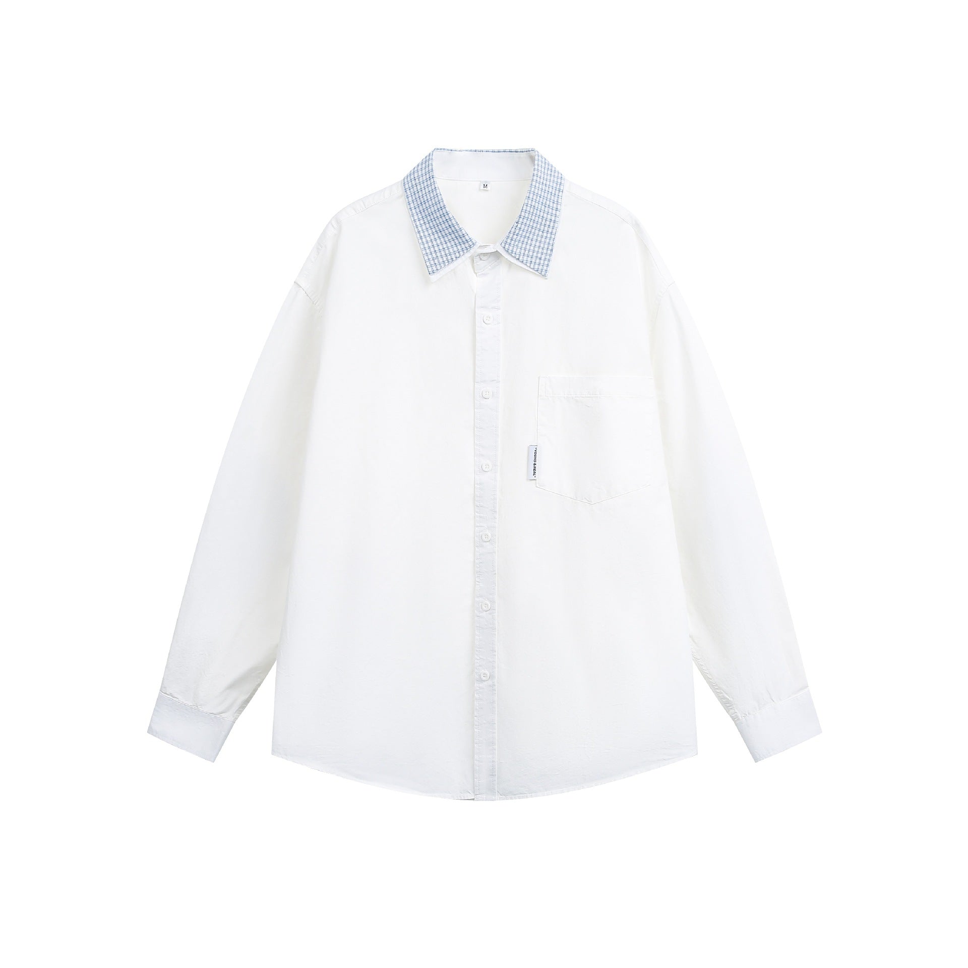 Unisex Oversize Cotton Shirt with Contrasting Check Collar and Chest Pocket Chichicherry