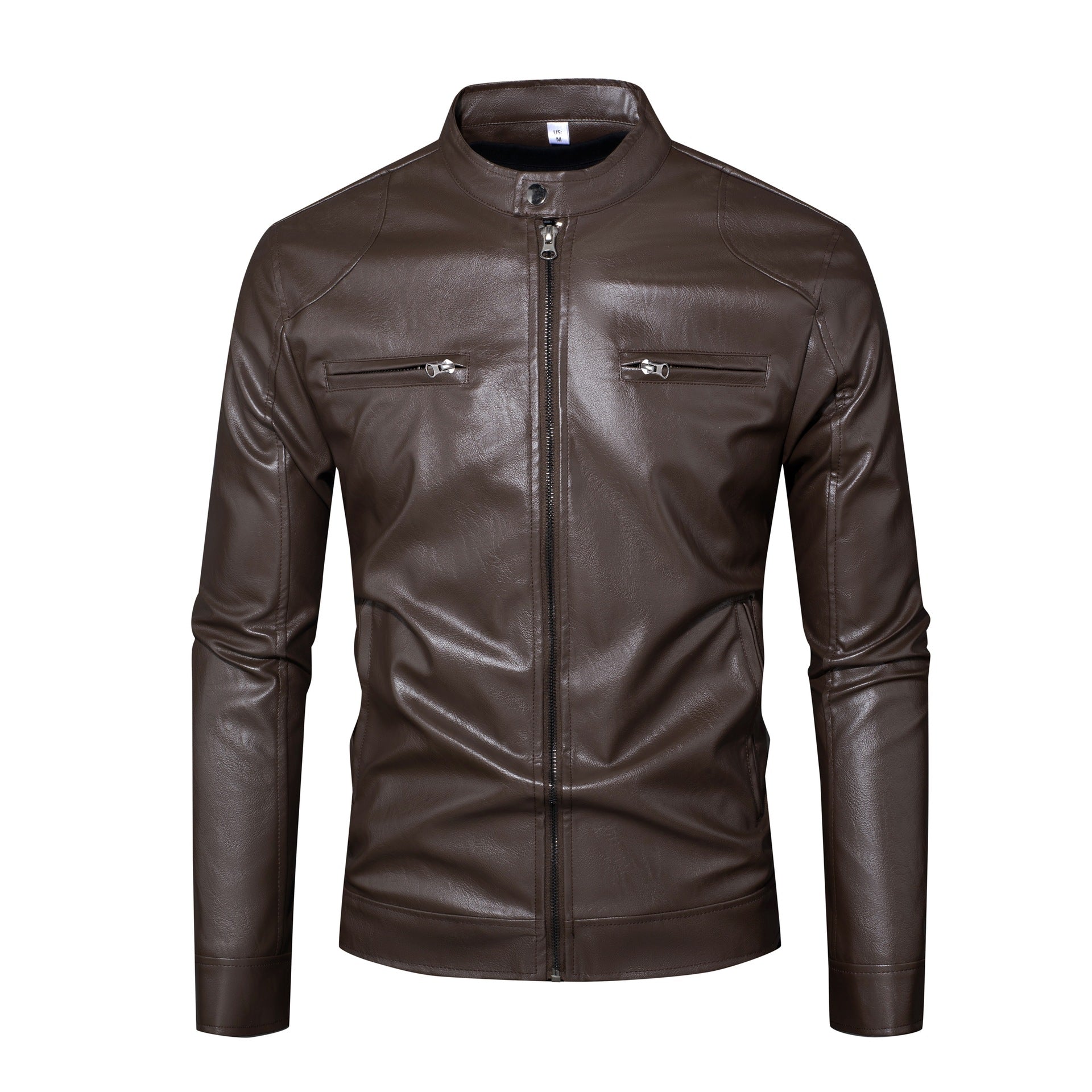 Men's leather jacket in biker style with stand-up collar and zipper pockets Chichicherry