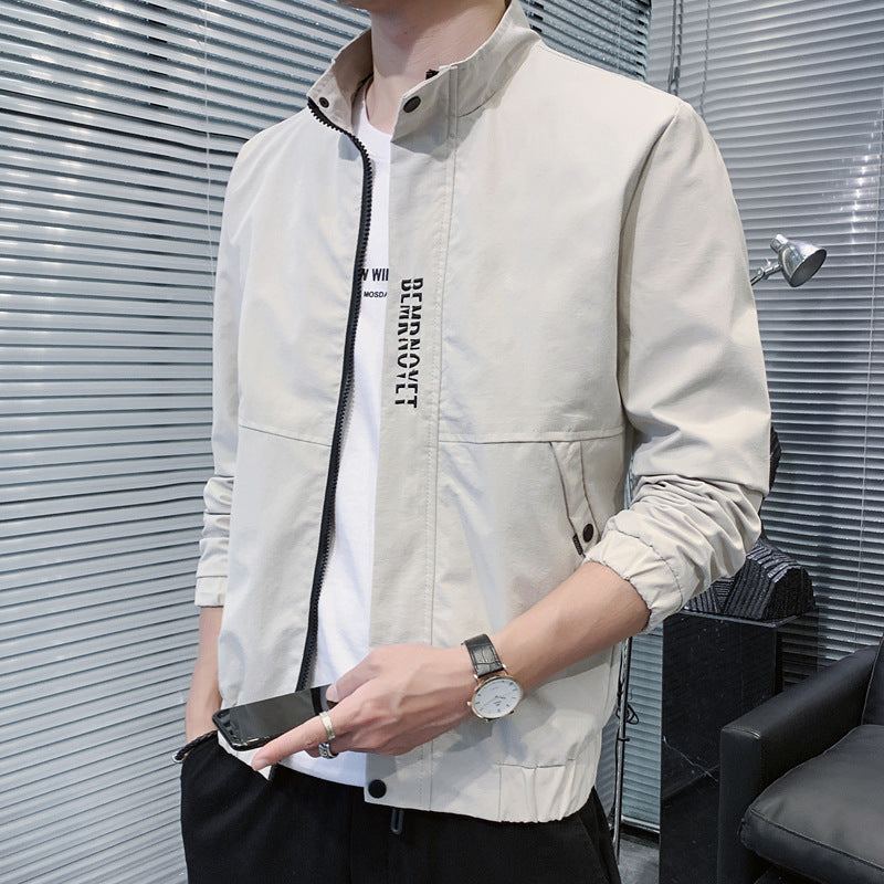 Men's Light Bomber Jacket with Stand-Up Collar, Elastic Hem and Flap Pockets Chichicherry