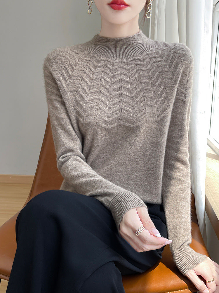 Women's Soft Fine Knit Mock Neck Sweater with Chevron Ajour and Cashmere Look Chichicherry
