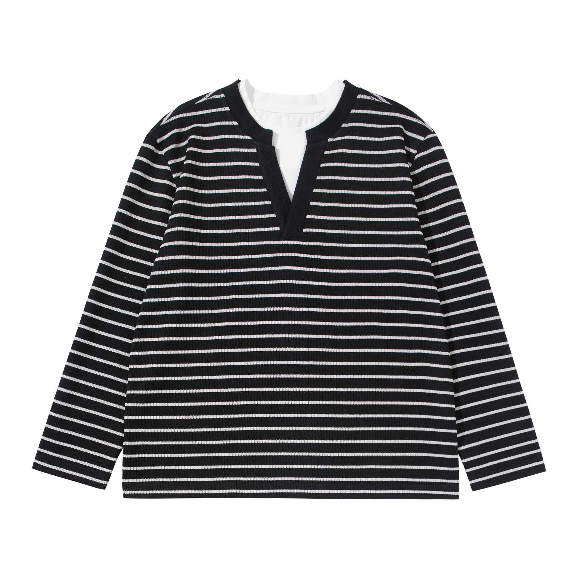 Women's Striped Knit Shirt with V-Neck and Layered Look Chichicherry