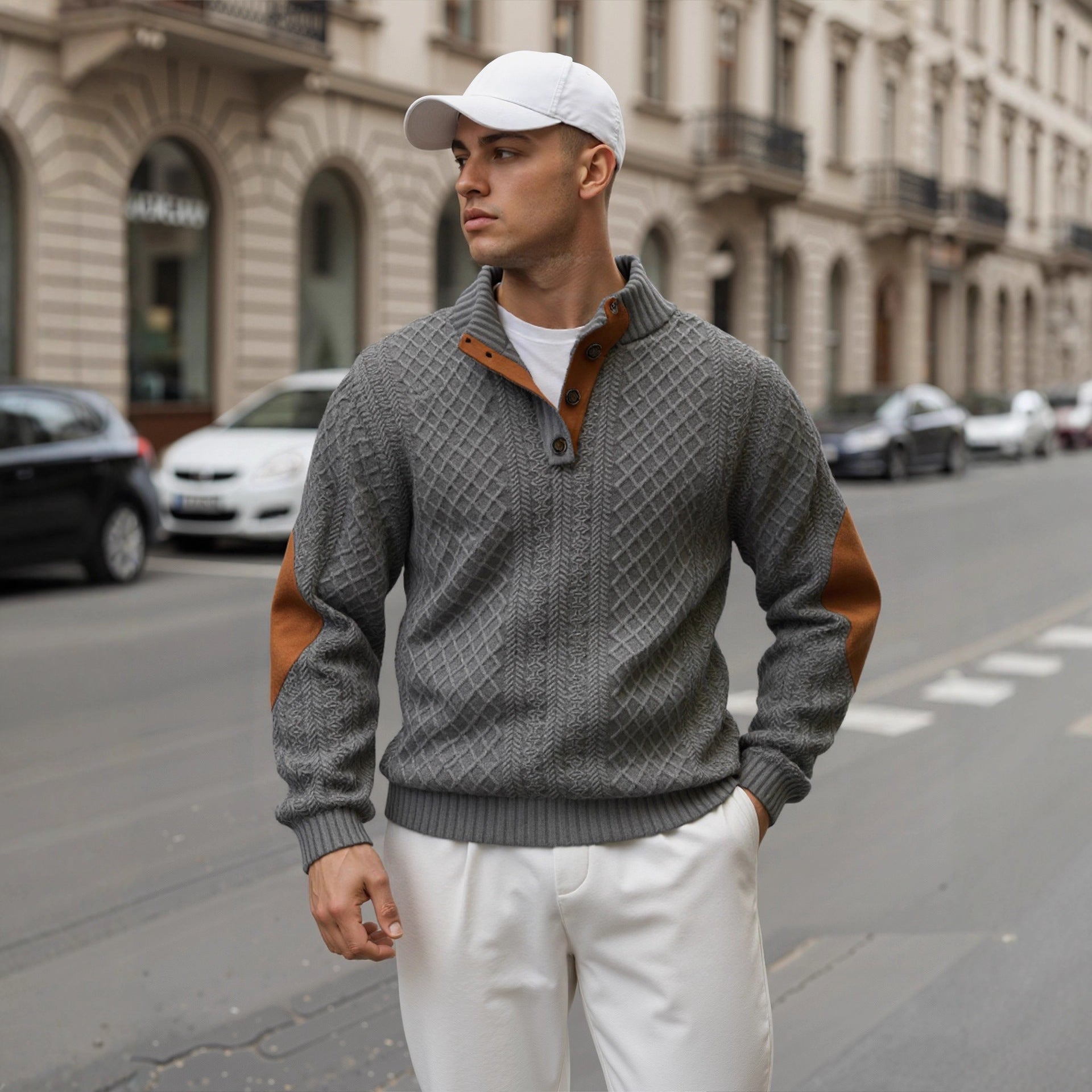 Men's troyer sweater with stand-up collar, structured knit look and contrast elbow patches Chichicherry