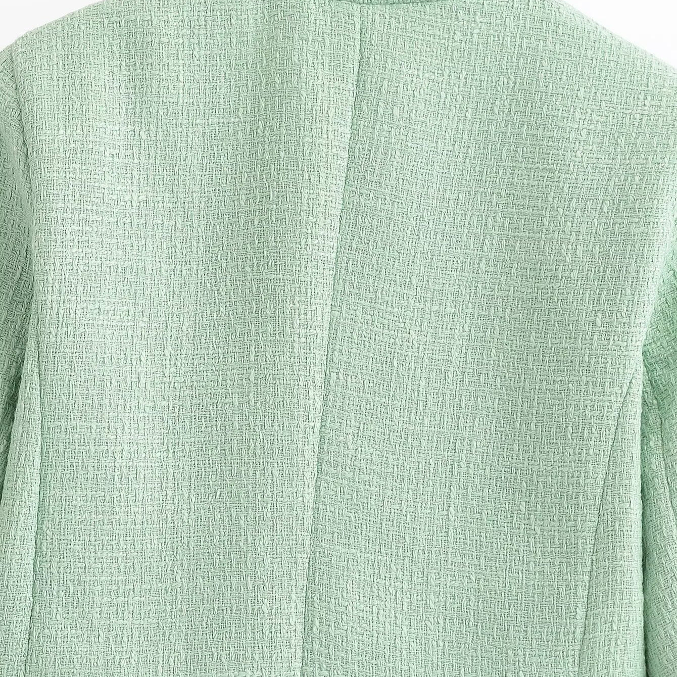 Women Cropped Boucle Blazer with Fringe Hem, Stand-up Collar and Piped Pockets Chichicherry