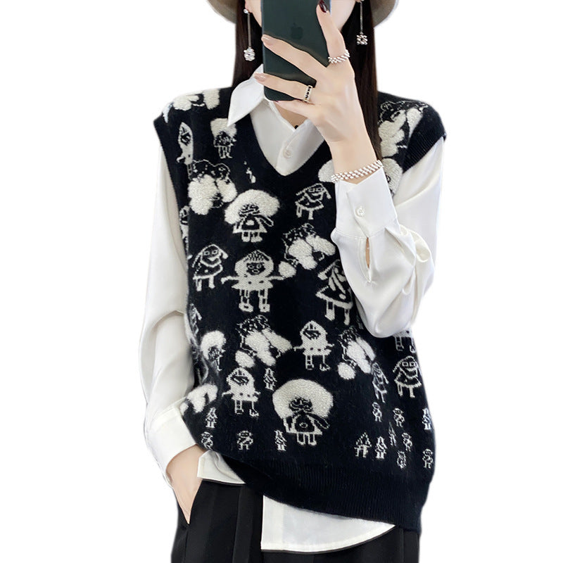 Women's Oversized Knit Vest with V-Neck and Playful Jacquard Motif Chichicherry