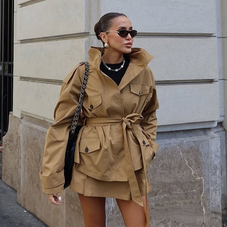 Women's Tailored Utility Jacket with Tie Belt, High Stand Collar and Flap Pockets Chichicherry
