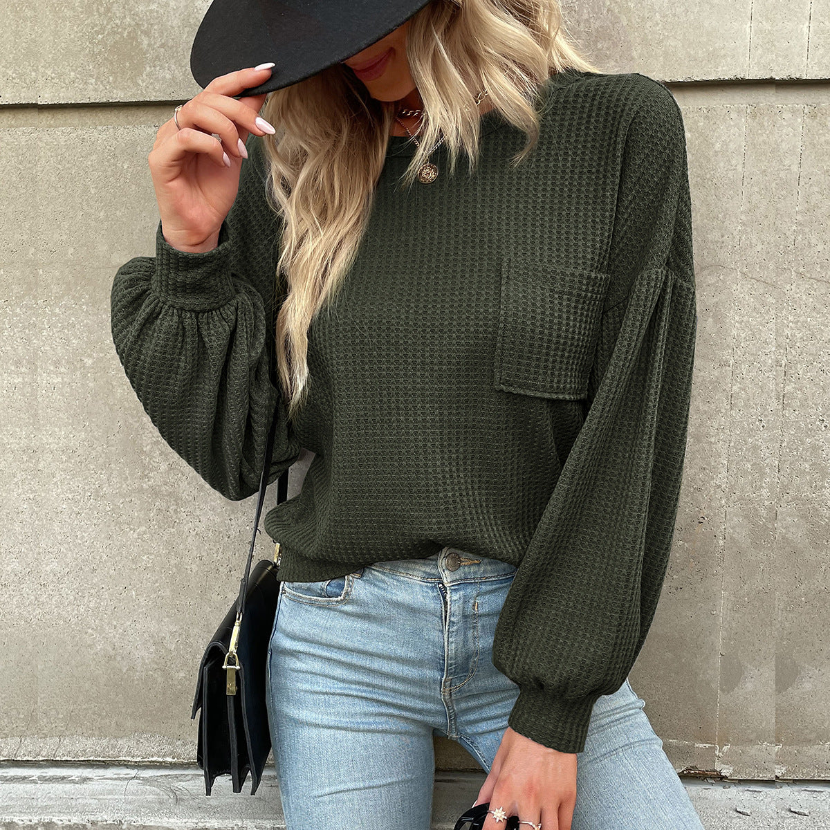 Women's waffle knit long sleeve with balloon sleeves, chest pocket and wide hem Chichicherry