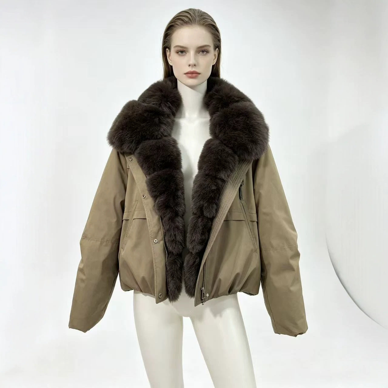 Women's tailored parka bomber jacket with voluminous faux fur collar and windproof outer shell Chichicherry