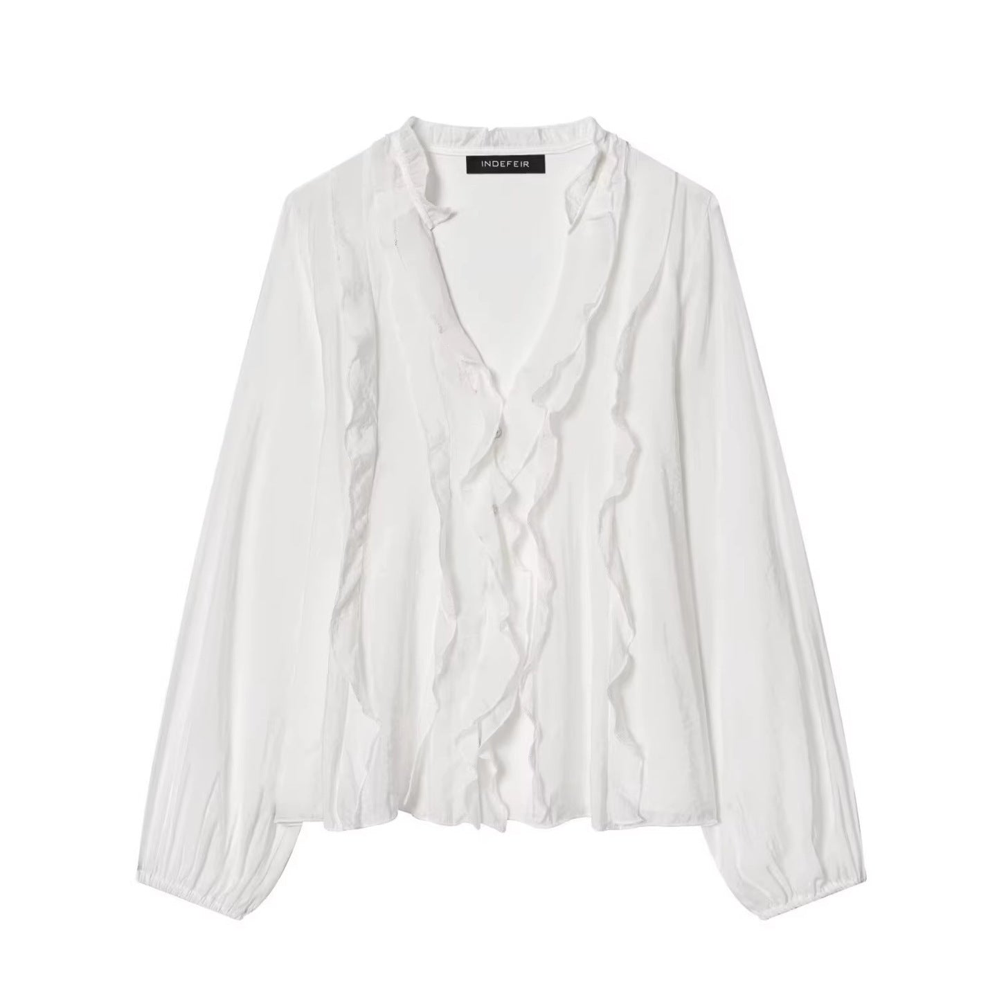 Ladies Transparent Crinkle Blouse with Ruffle Collar, Ruffled Front and Balloon Sleeves Chichicherry
