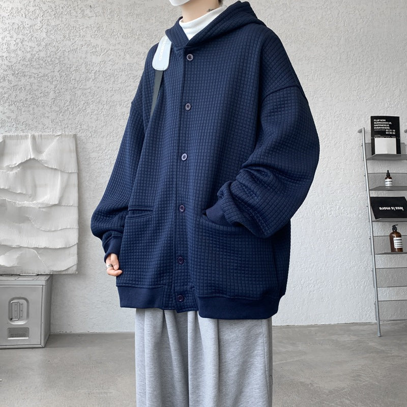 Men's Oversized Quilted Hooded Jacket with Waffle Texture, Button Placket and Side Pockets Chichicherry