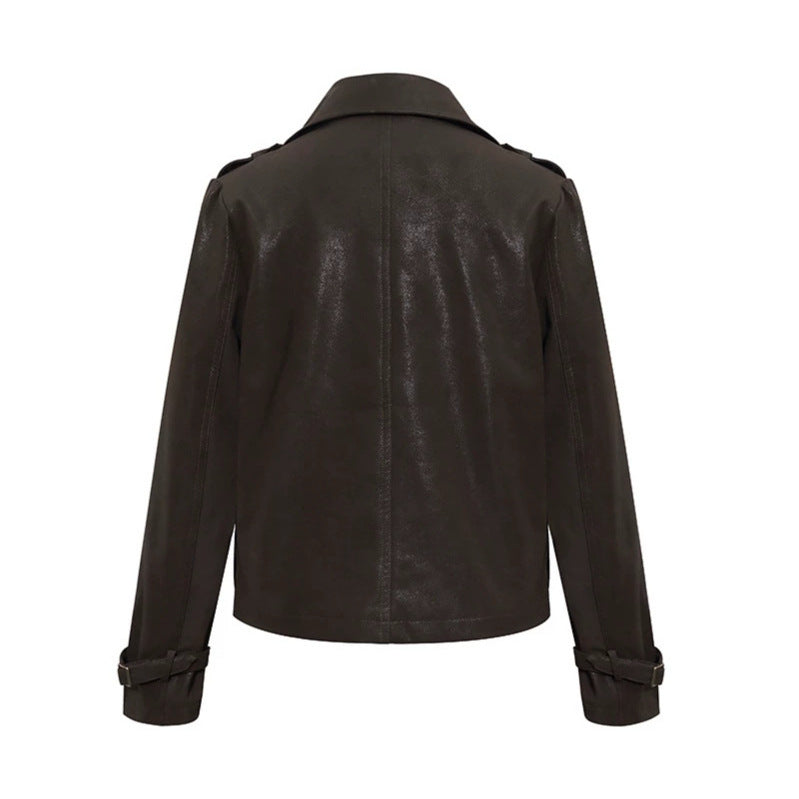 Women's Cropped Double-Breasted Leather Jacket in Trench Style with Epaulettes Chichicherry