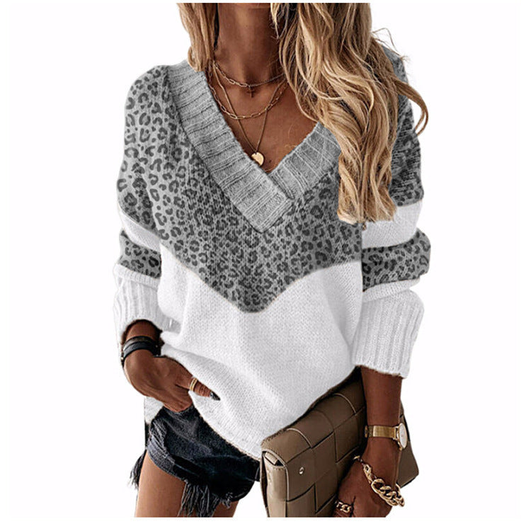 Women's V-neck knitted sweater with leopard print and color block design Chichicherry