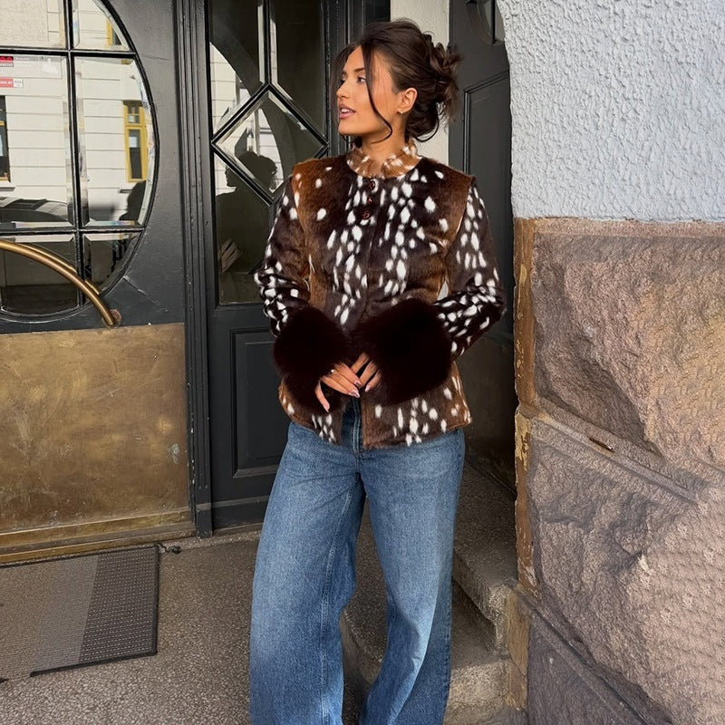 Women's Tailored Short Jacket with Leopard Print and Faux Fur Cuffs Chichicherry