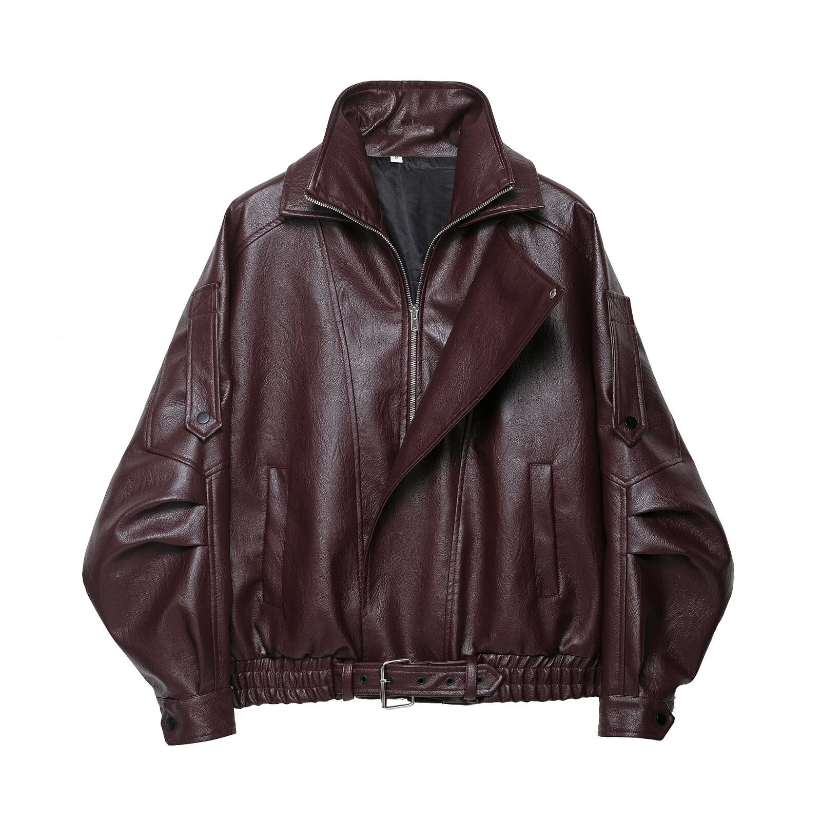 Women Oversized Leather Jacket in Bomber Style with Waist Belt Chichicherry