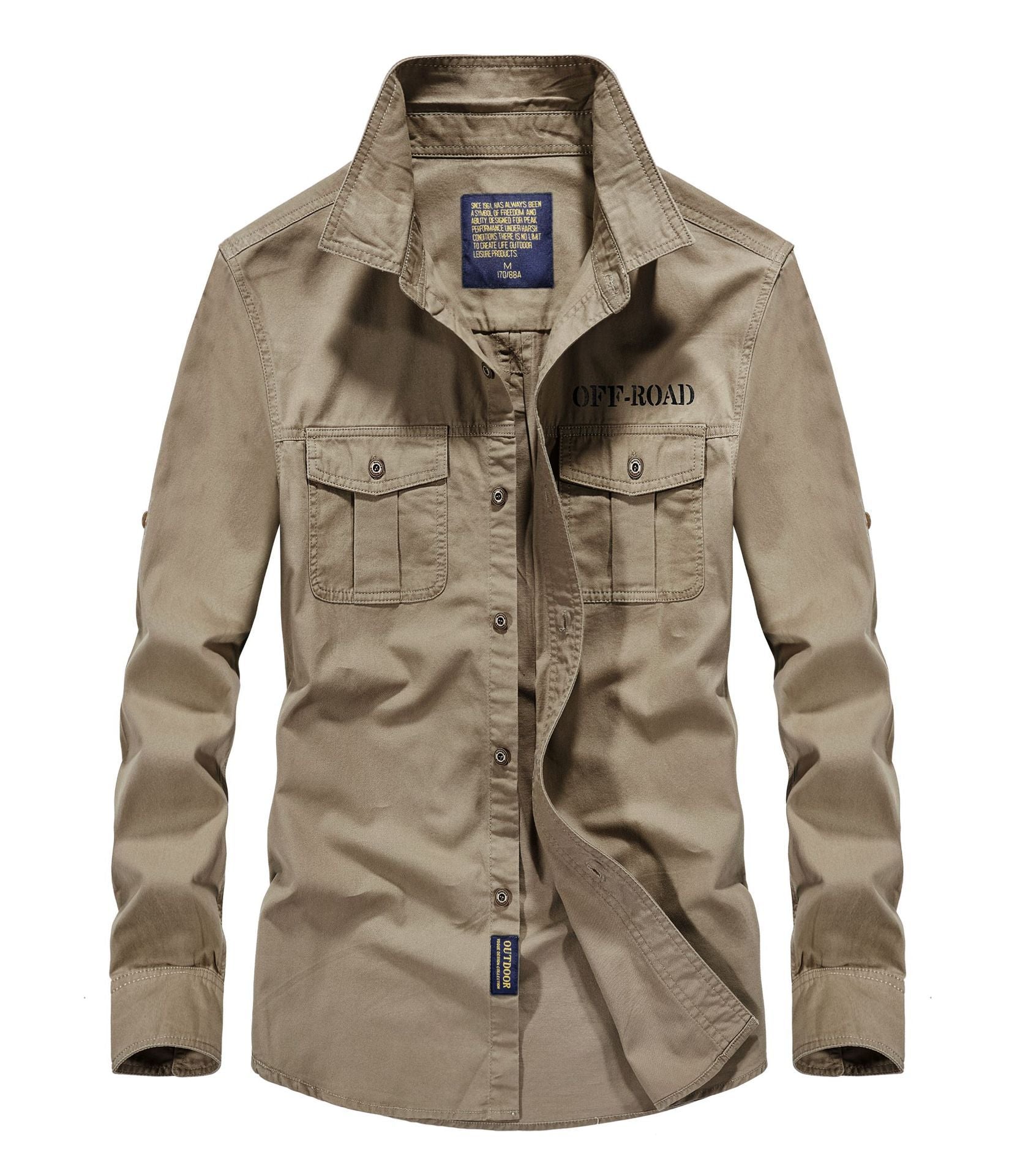 Men's Utility Field Shirt Jacket with Chest Flap Pockets, Roll-up Sleeves, and Sturdy Canvas Chichicherry