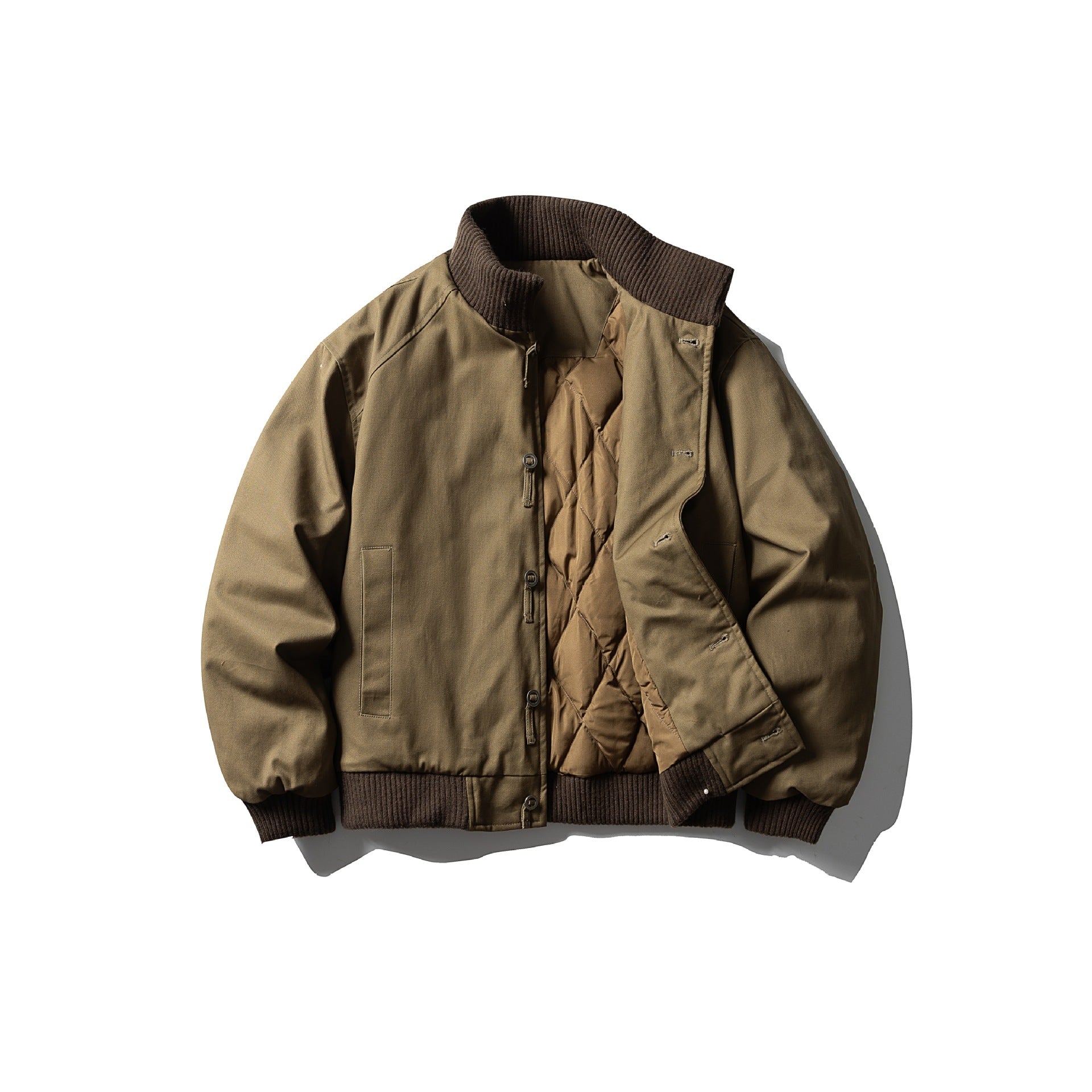 Men's Canvas Bomber Jacket with Ribbed Hem and High Stand Collar Chichicherry