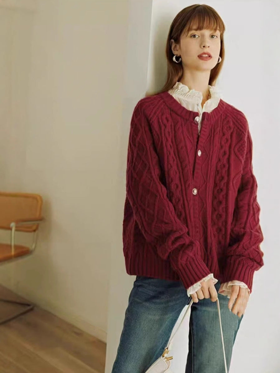 Women's Cozy Braid and Diamond Knit Cardigan with Mother-of-Pearl Button Placket Chichicherry