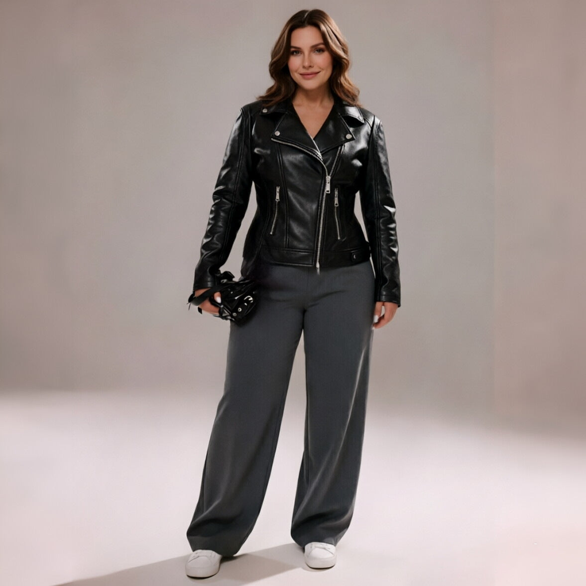 Women Tailored Biker Jacket in Leather Look with Asymmetrical Zipper and Decorative Seams Chichicherry