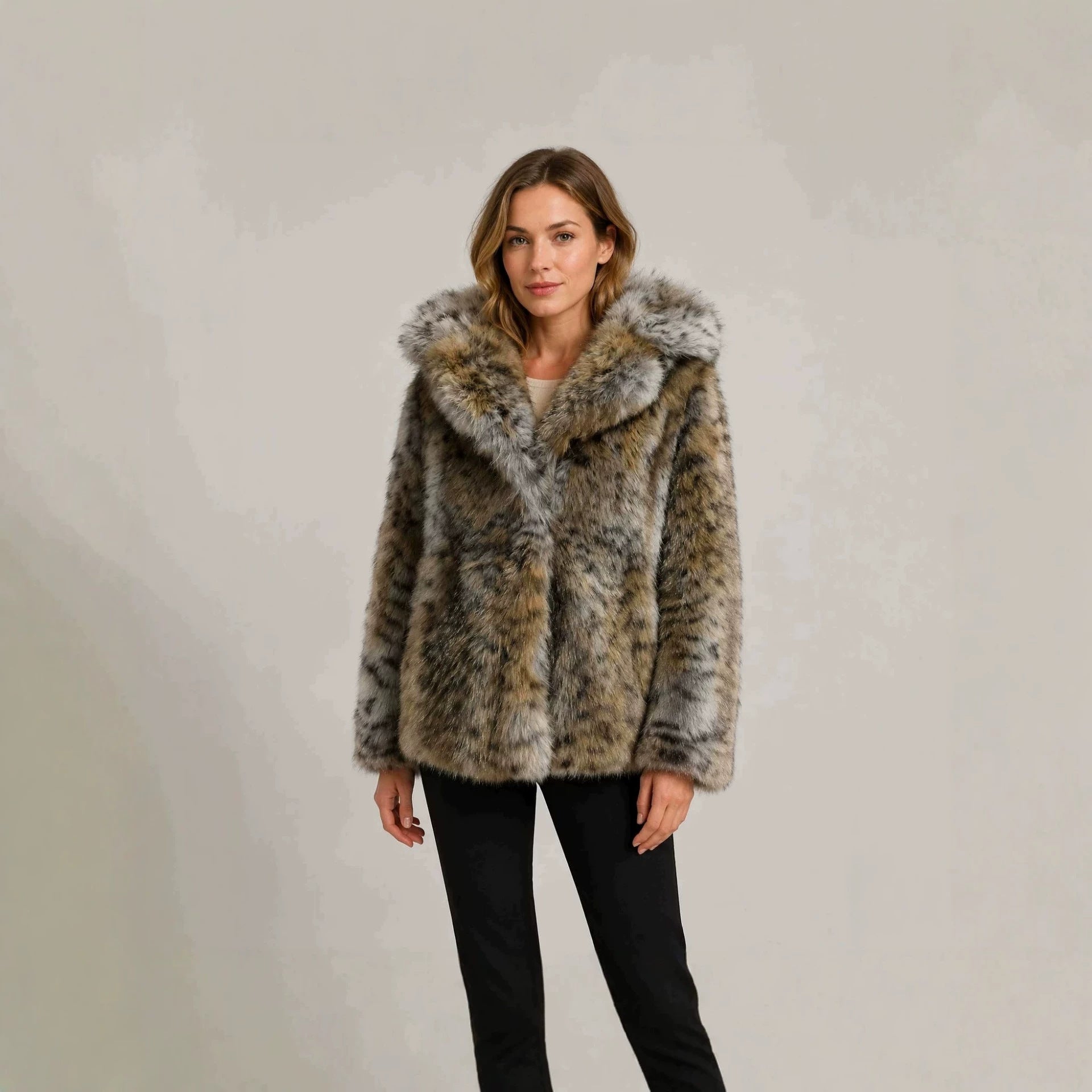 Women's short jacket made of high-quality faux fur with a hood and concealing boxy silhouette Chichicherry