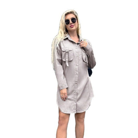 Women Oversized Shirt Dress with Flap Pockets and Curved Hem Chichicherry