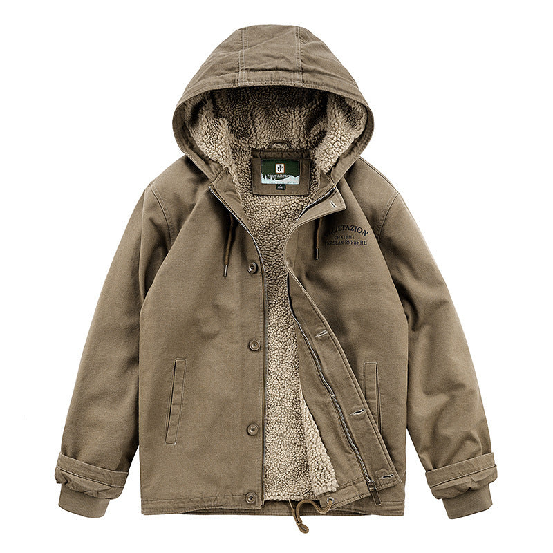 Men's Hooded Canvas Parka with Teddy Fleece Lining and Wind Protection Placket Chichicherry