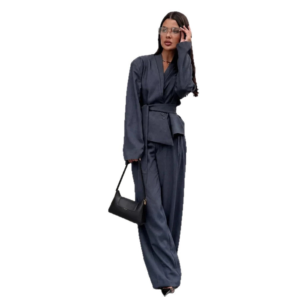 Women's Elegant Wrap Blazer Set with Waist Belt and Wide Pleated Trousers Chichicherry