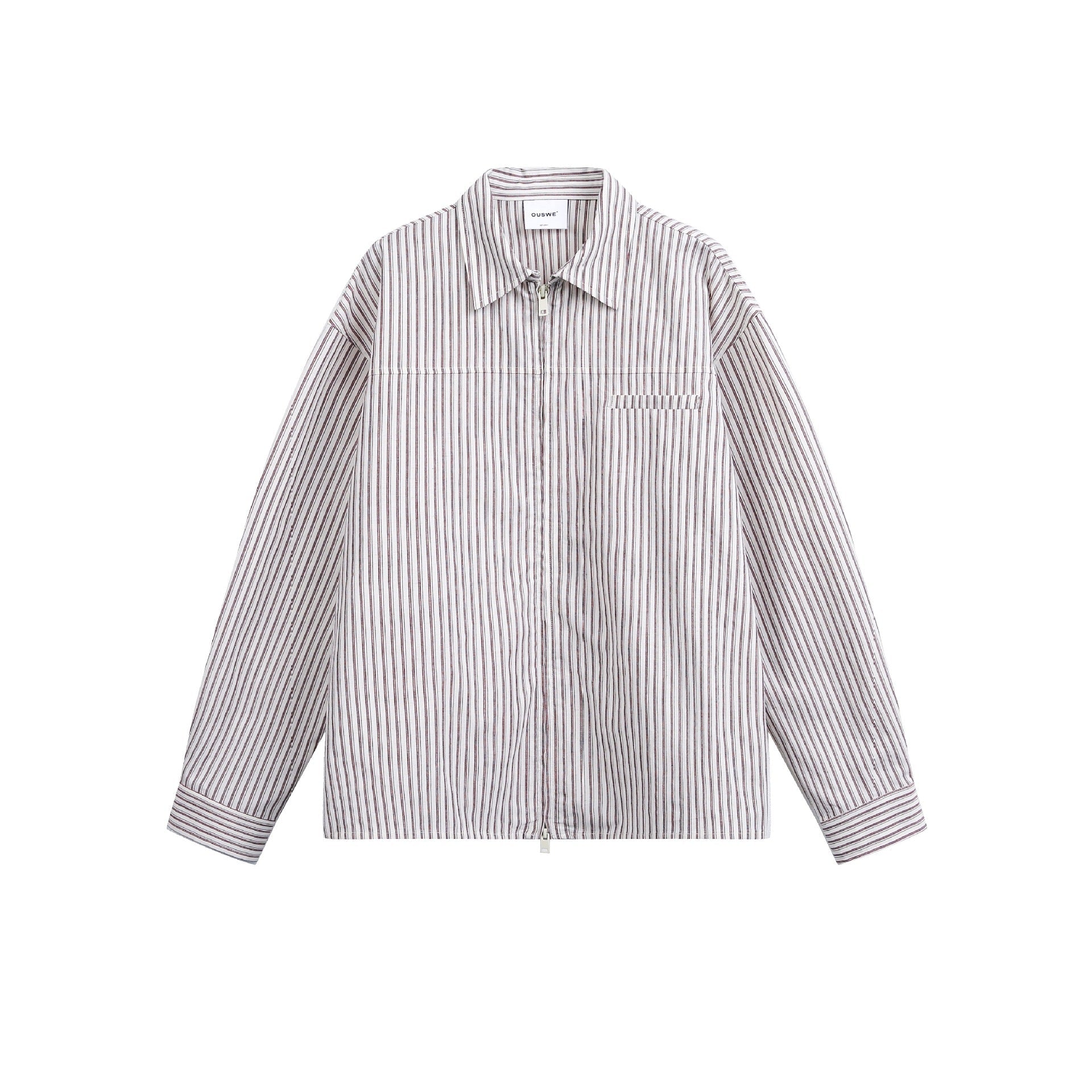 Men Striped Overshirt with Two-Way Zipper and Chest Pocket Chichicherry