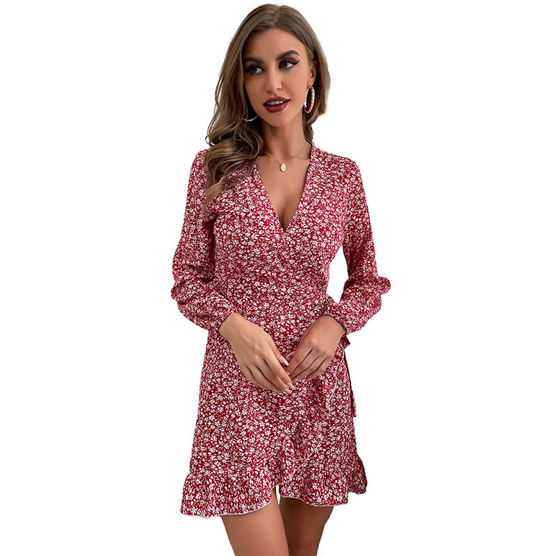 Women's Tailored Wrap Mini Dress with V-Neck, Long Sleeves and Ruffle Hem