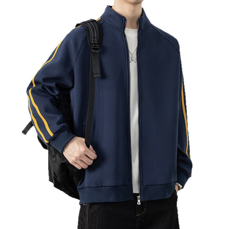 Men's leisure training jacket with stand-up collar, zipper, and contrast stripes Chichicherry