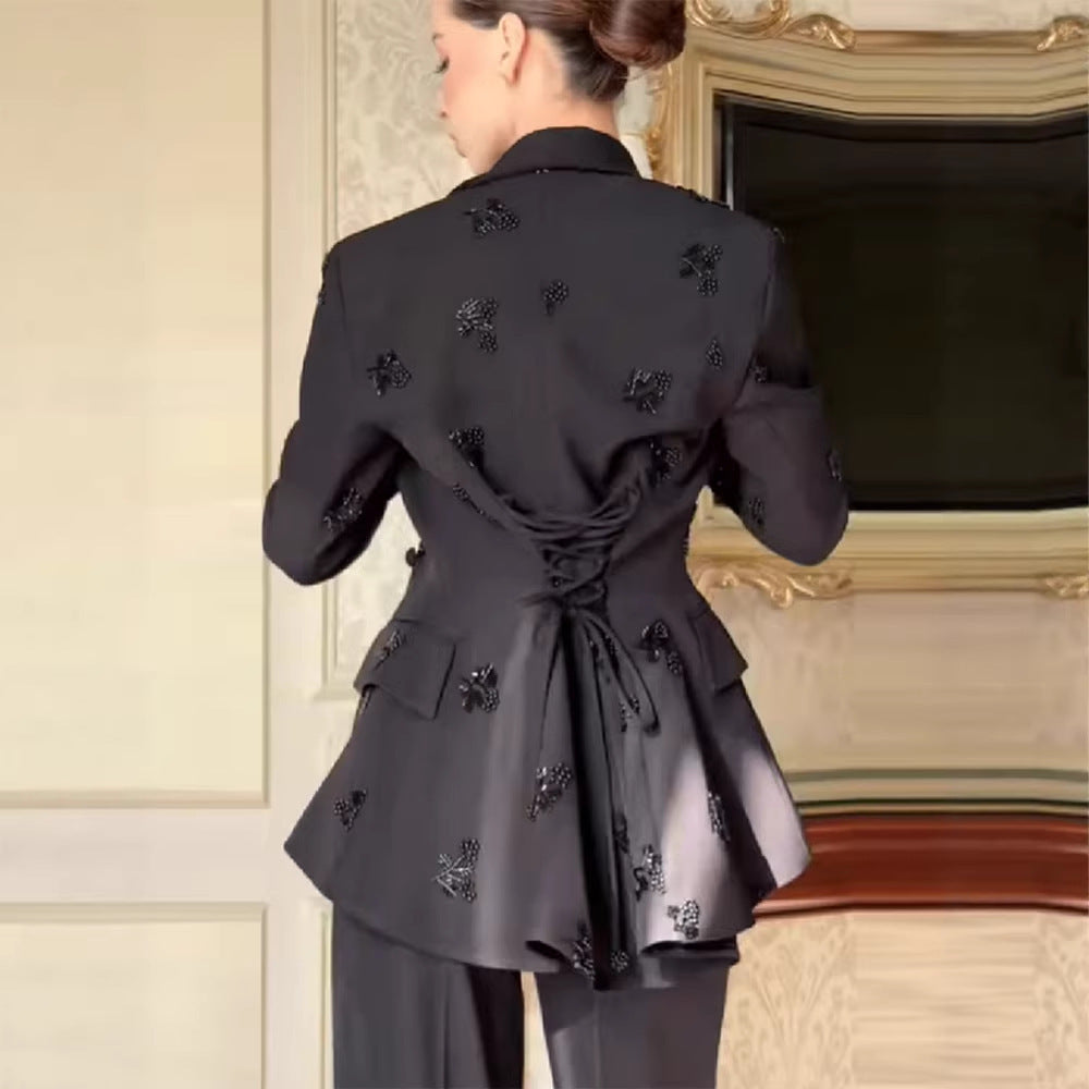 Women's Tailored Blazer Set with Peplum and Wide Marlene Pantsuit Chichicherry