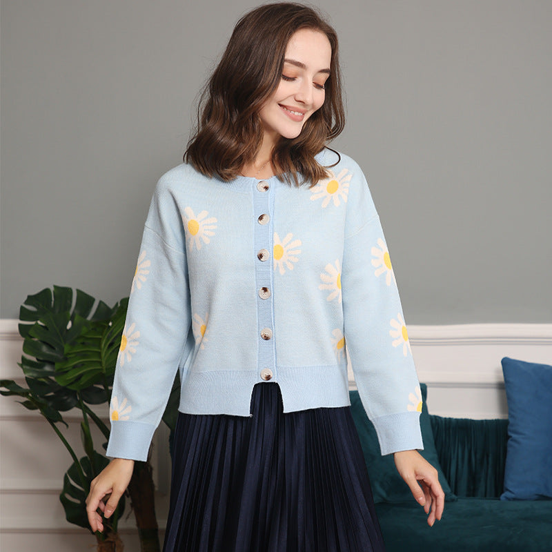 Women's Oversize Knit Cardigan with Flower Appliqué, Mother-of-Pearl Buttons and Wave Hem Chichicherry