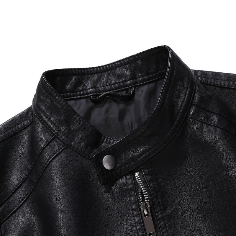 Men's Slim Fit Leather Look Blouson in Racer Minimal Style with Snap Button Stand Collar Chichicherry