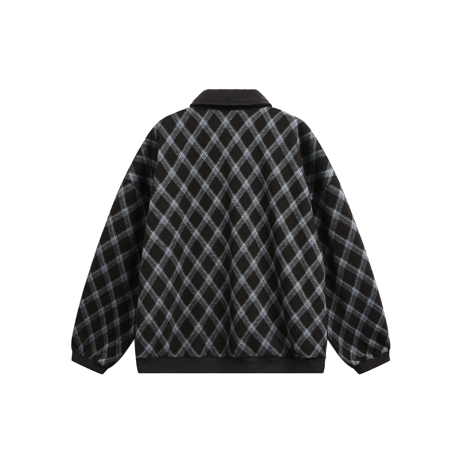 Women Checked Oversize Polo Sweater with Half Button Placket and Ribbed Cuffs Chichicherry