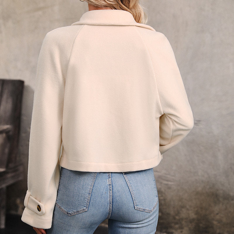Women's Short Jacket Double-Breasted Wool Blend with Notched Collar and Rolled-Up Sleeves Chichicherry