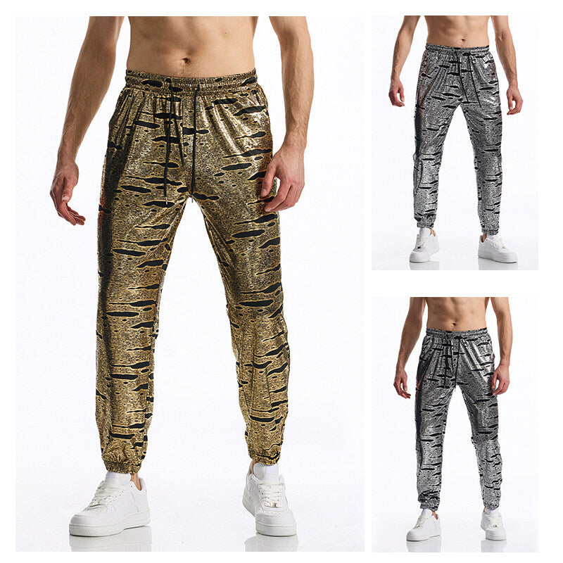 Men's Shiny Jogging Pants with Drawstring, Tapered Leg and Abstract Print Chichicherry