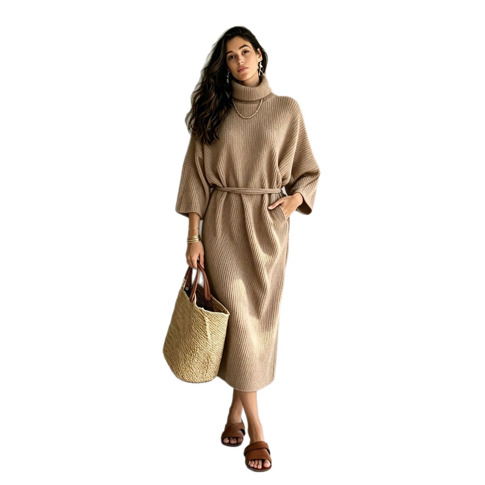 Women's mid-length ribbed knitted dress with turtleneck, three-quarter sleeves, and tie belt