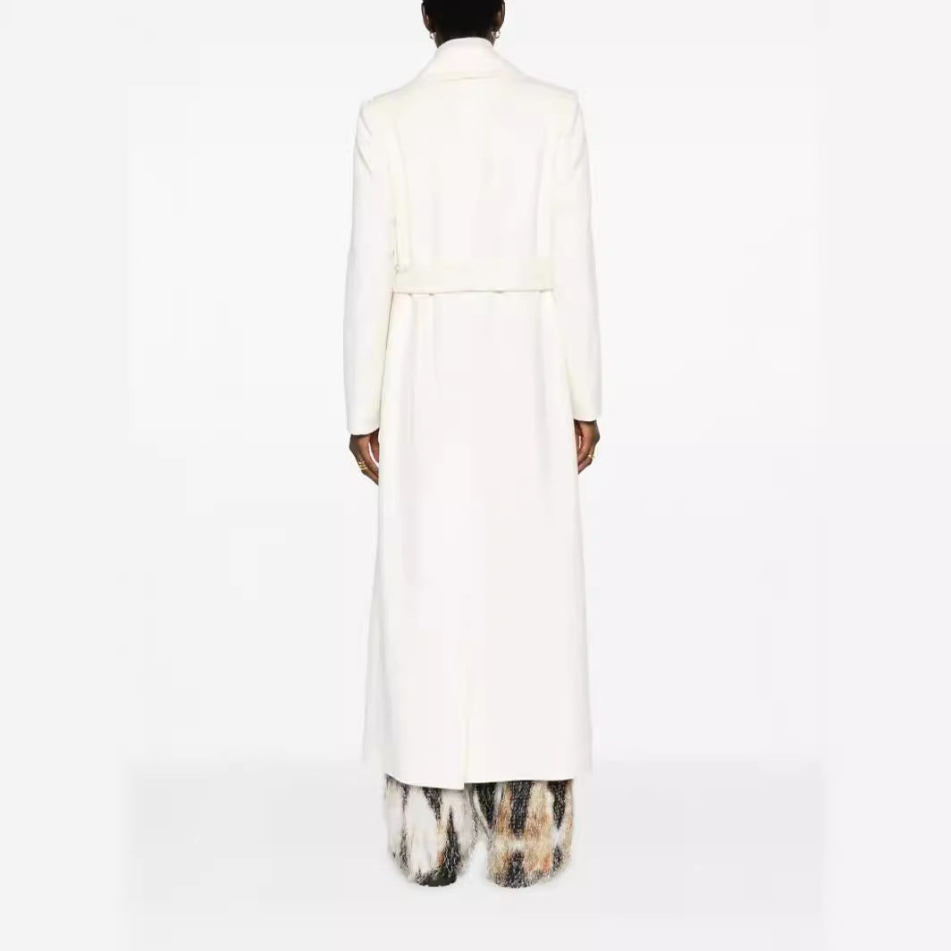 Women’s Maxi-length tailored wool blend coat with belt and wide lapels Chichicherry