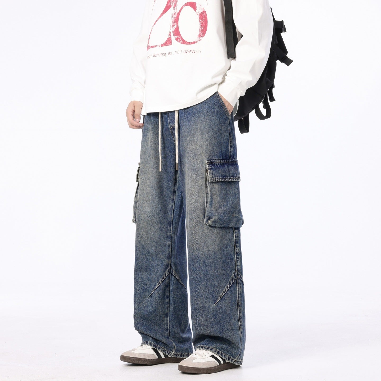 Men's Loose Cargo Denim Pants with Drawstring, Used Wash and Oversized Fit Chichicherry