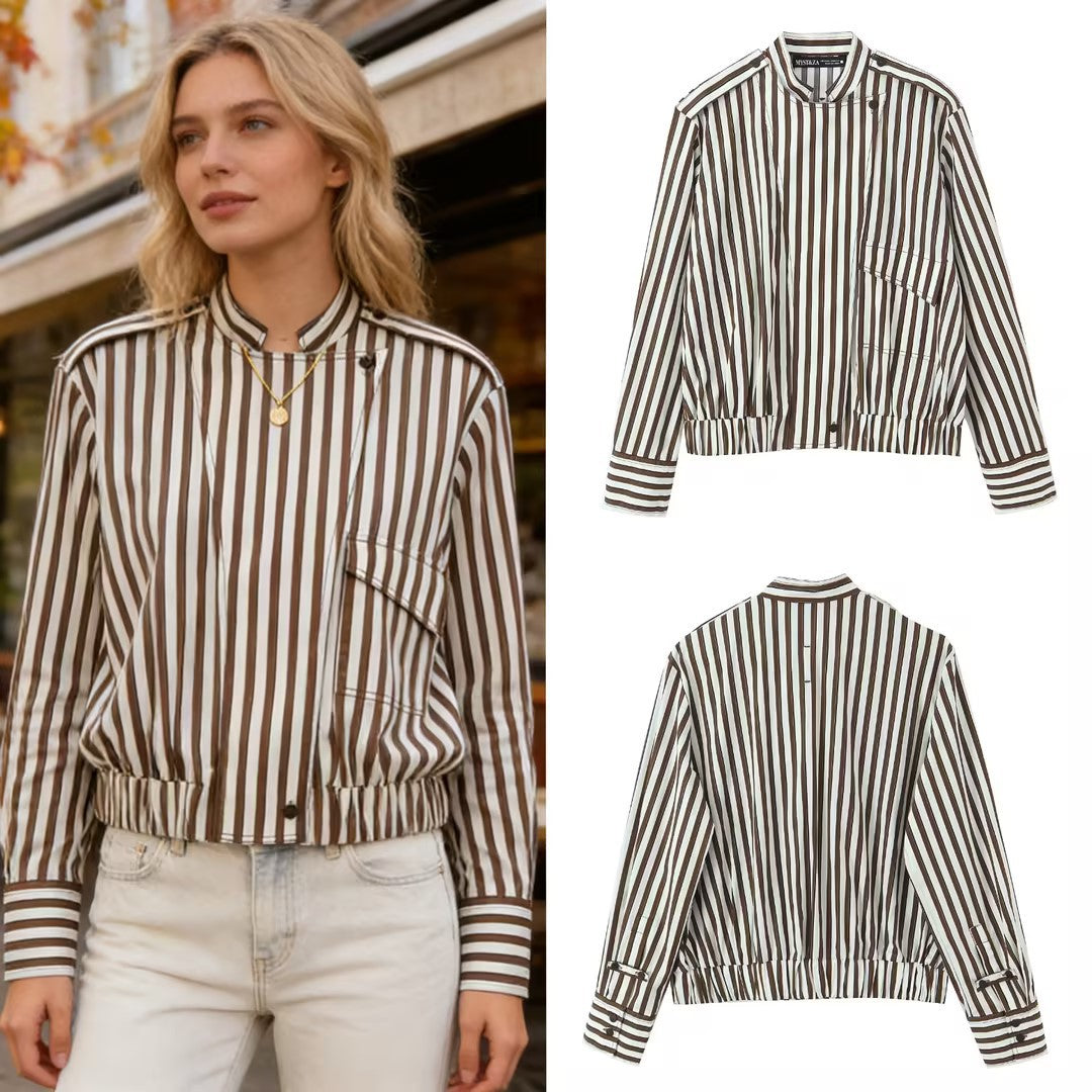 Women's Striped Blouson Shirt Blouse with Stand Collar, Shoulder Epaulettes, and Elastic Hem Chichicherry