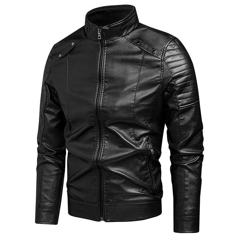 Men's Slim Faux Leather Moto Jacket with Ergonomic Seams and Stand Collar Chichicherry
