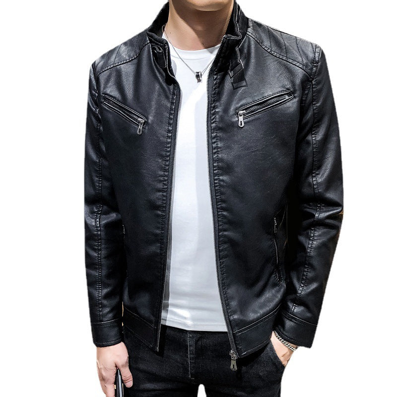 Men's Slim-Fit Faux Leather Racer Jacket with Stand Collar and Zip Chest Pockets Chichicherry