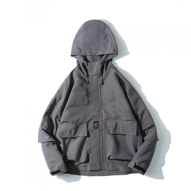 Unisex Loose-Fitting Utility Softshell Jacket with Hood and Multiple Pockets Chichicherry