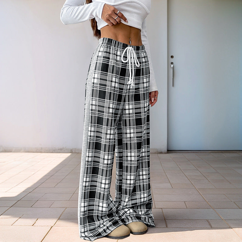 Women's Wide Lounge Pants in Checked Pattern with Elastic Waistband and Contrast Side Panel Chichicherry
