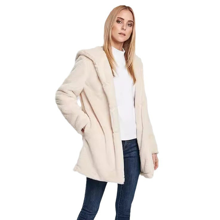 Women's Midi-Length Hooded Faux Fur Coat with Open Front and Lined Insert Pockets Chichicherry