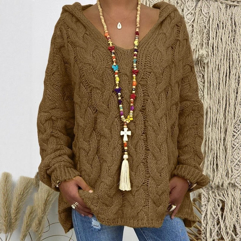 Women Oversized Cable Knit Sweater with Hood and Casual V-Neck Chichicherry